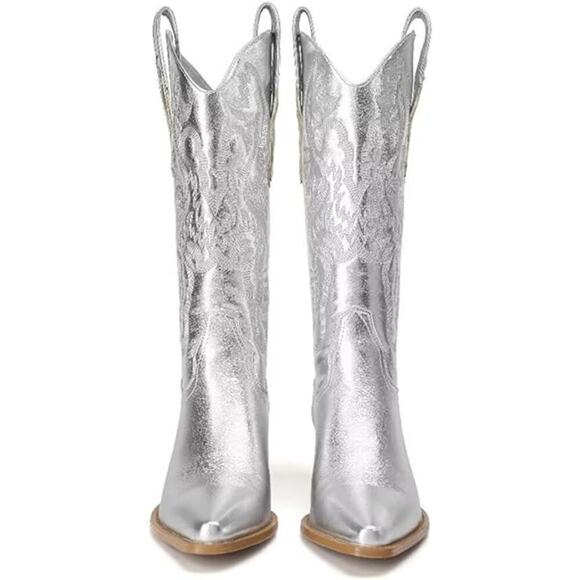 Women's Embroidered Western Cowboy Boots Mid Tube Pointed Toe Chunky Heel Shiny - Picture 2 of 6